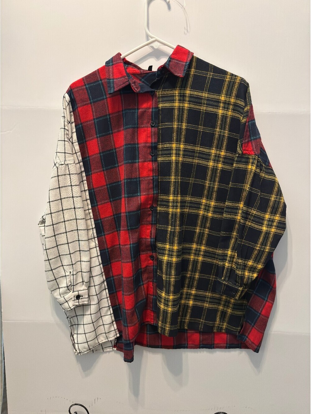 Fashion Nova patchwork plaid long sleeve shirt red navy white yellow XS